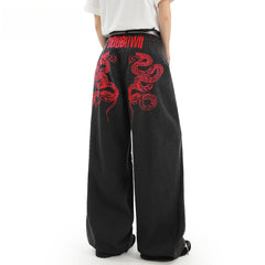 Snake Embroidery Wide Leg Pants