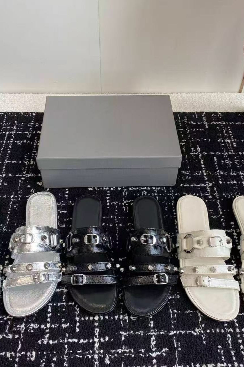 Multi-Buckle Studded Flat Slides