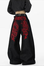 Red Dragon Motif Denim Pants