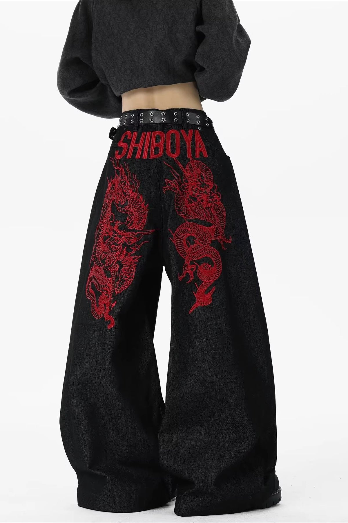 Red Dragon Motif Denim Pants