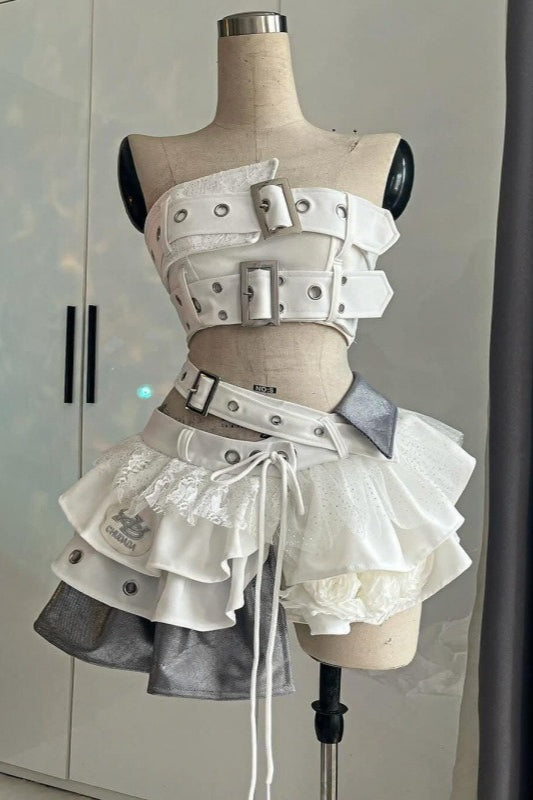 Belted Bandeau Skirt Set And Apron Dress