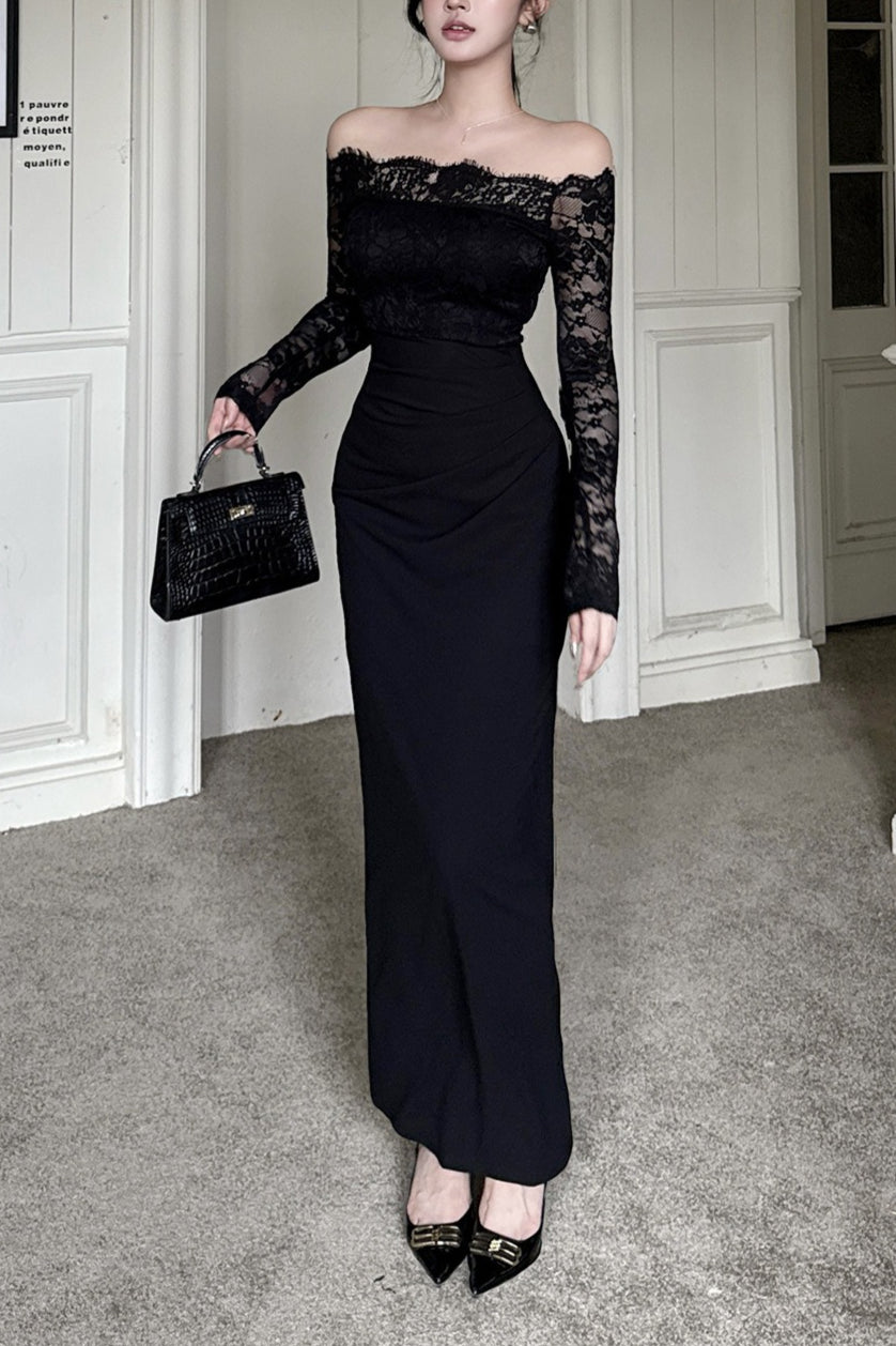 Gothic Off-the-Shoulder Lace Patchwork Maxi Dress