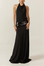 High Waist Dark Halter Backless Maxi Dress