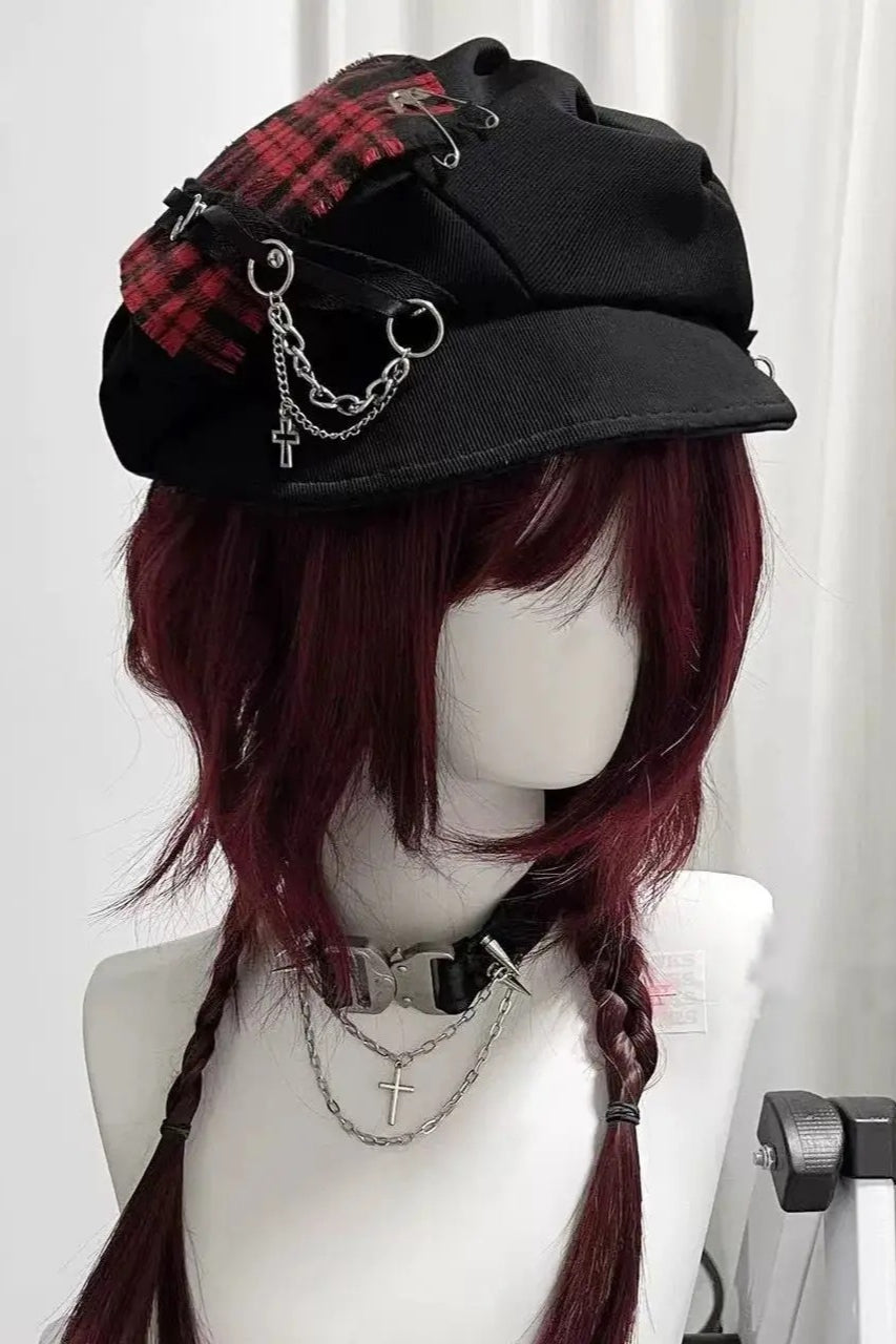 Y2K Subculture Punk Gothic Cross Checkered Sweet Cool Beret Hat Secondary image