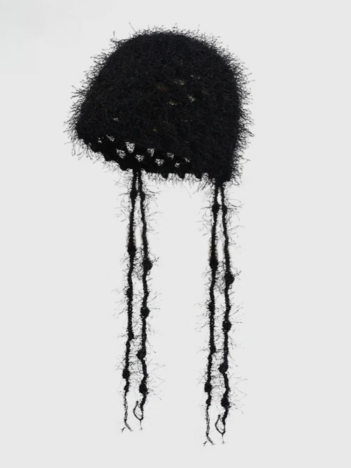 Y2K Hand crocheted Tassel Strap Retro Hollow Knitted Hat Secondary image