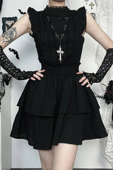 Dark Alt Gothic Sleeveless Lace Patchwork Slim Waisted Mini Dress