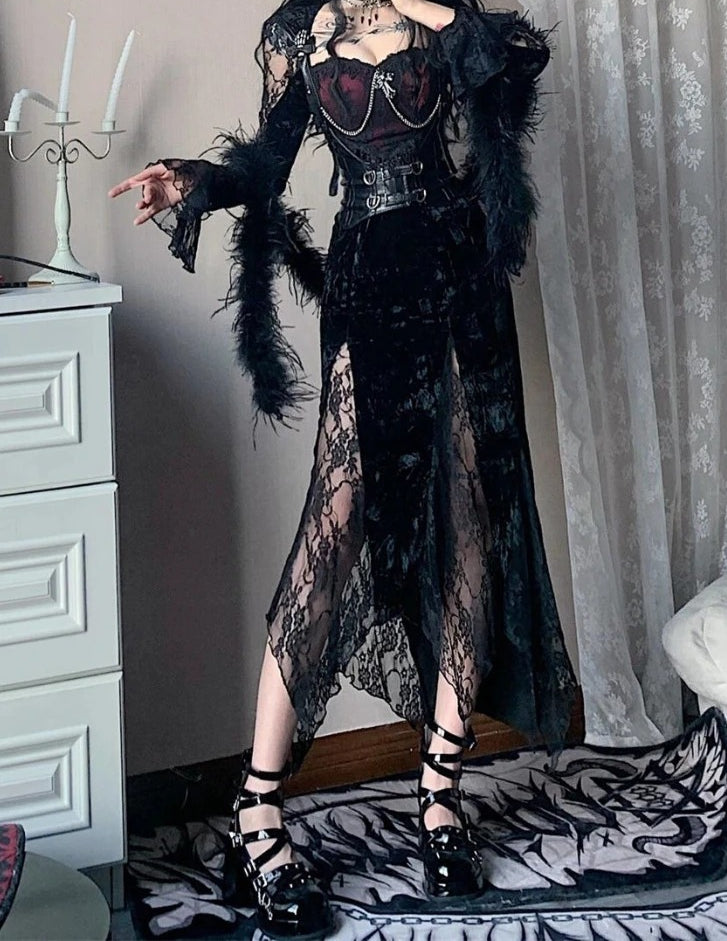 Lace Stitching Long Sleeve Midi Dress