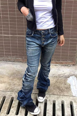 Street Punk Vintage Distressed Curved Denim Pants