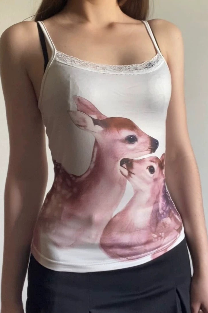 Watercolor Deer Lace Trim Tank Top
