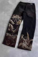 Vintage Print Loose Denim Pants