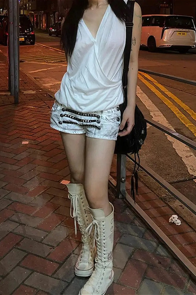 High Waist Patchwork Denim Shorts