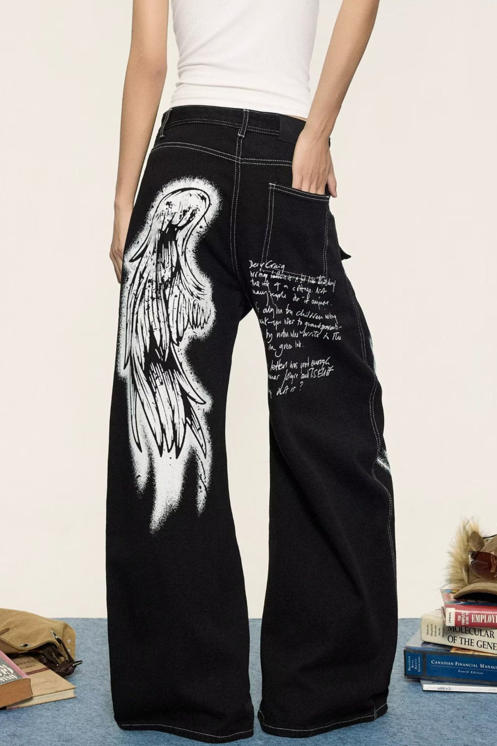 Wing Print Wide Leg Denim Pants