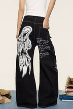 Wing Print Wide Leg Denim Pants