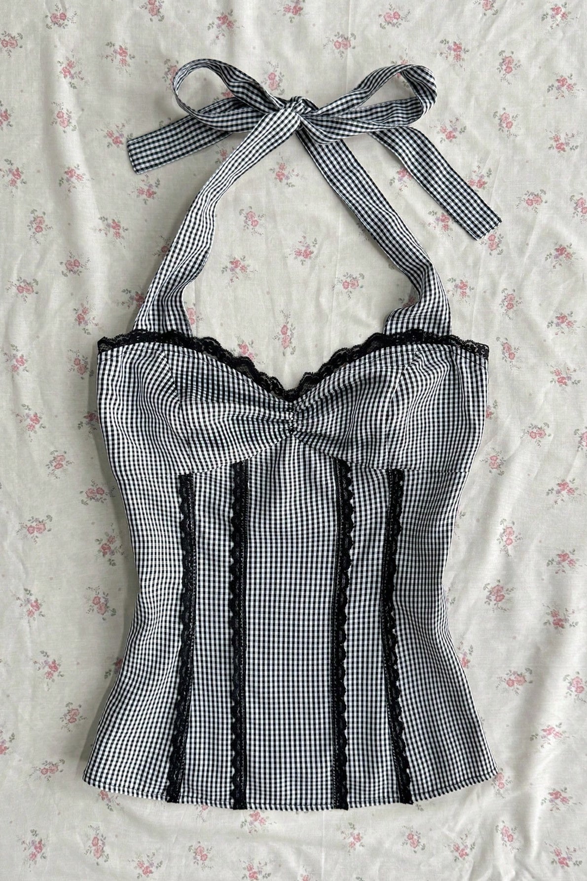 Striped Polka Dot Bow Ruched Cropped Slim Halter Top Main image
