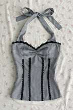 Striped Polka Dot Bow Ruched Cropped Slim Halter Top