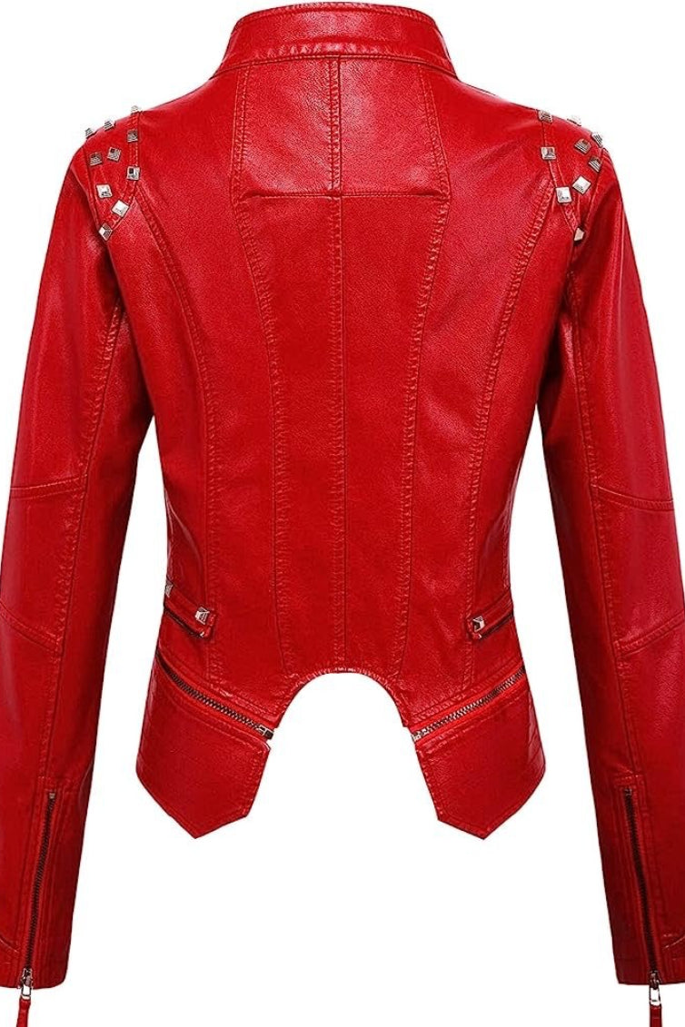 Studded Asymmetric Zip Fitted Leather Jacket