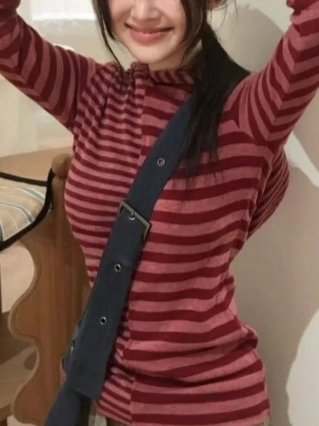 Vintage Preppy Asymmetry Stripe Slim Pullover Hoody Knit Top Main image