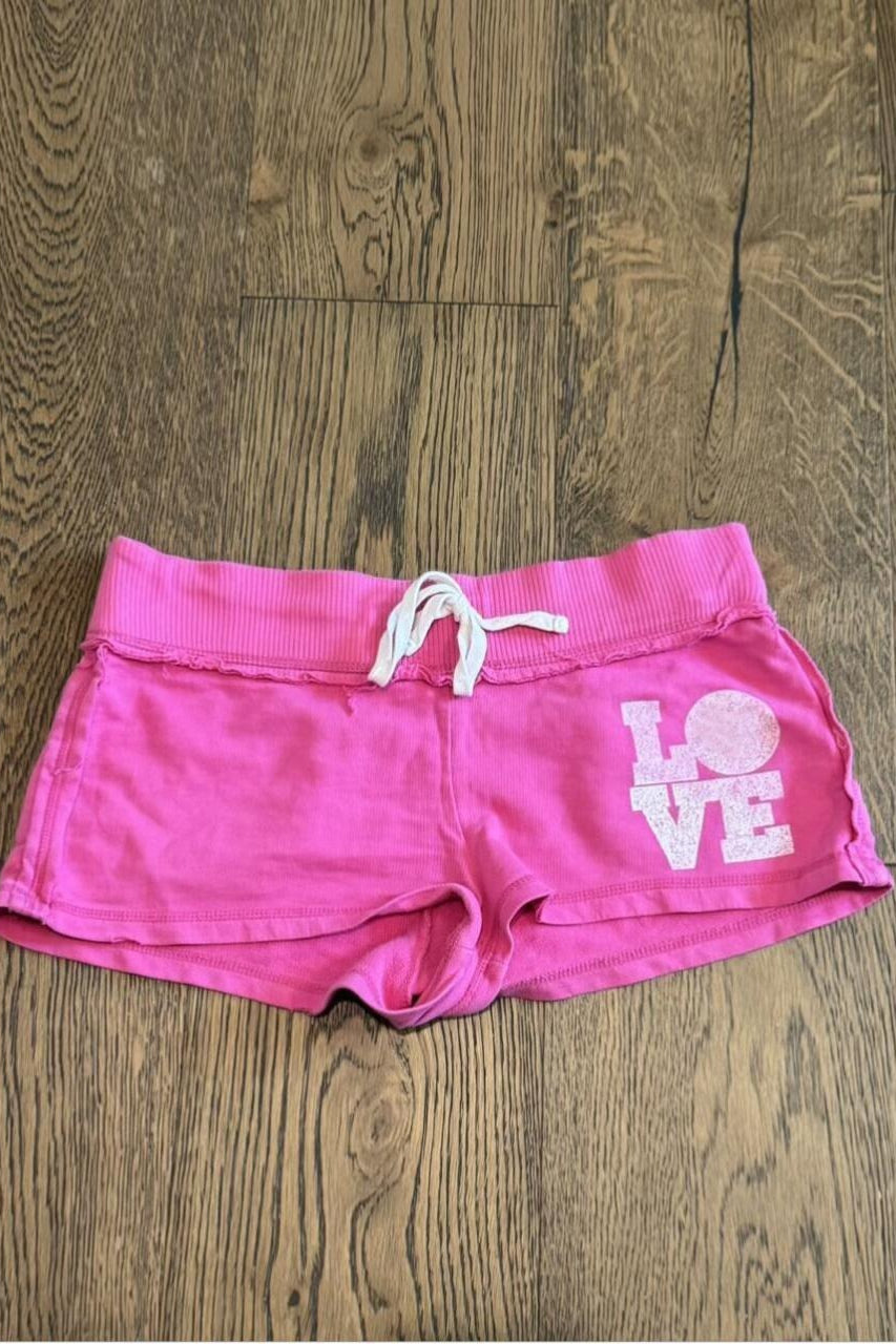 Fuchsia Love Print Low-Rise Hot Pants