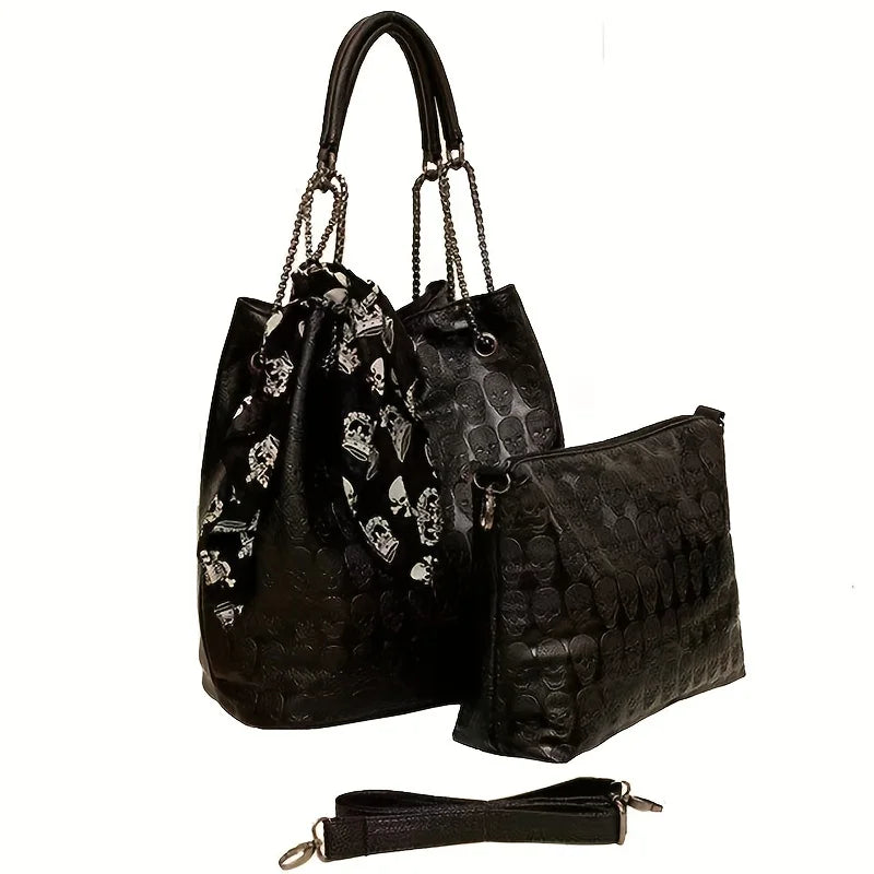 Gothic Skull Print Punk Scarf Decor Trendy Crossbody Tote Shoulder Bag Halloween