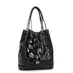 Gothic Skull Print Punk Scarf Decor Trendy Crossbody Tote Shoulder Bag Black Halloween
