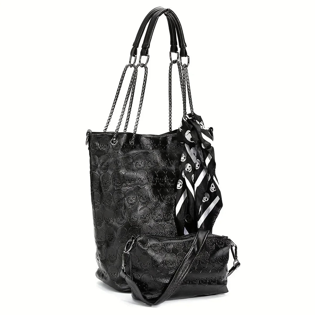 Gothic Skull Print Punk Scarf Decor Trendy Crossbody Tote Shoulder Bag Halloween