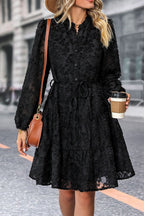 Button Front Floral Lace Tie Waist Dress