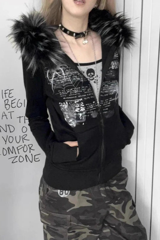 Rhinestone Graphic Black Fur Trim Zip Hoodie Main image