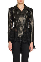 Lace Panel Fitted Moto Leather Jacket