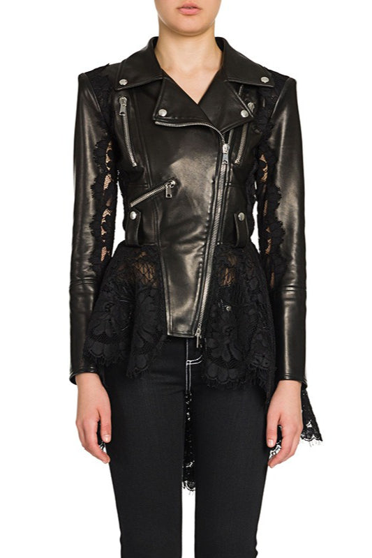 Lace Panel Fitted Moto Leather Jacket