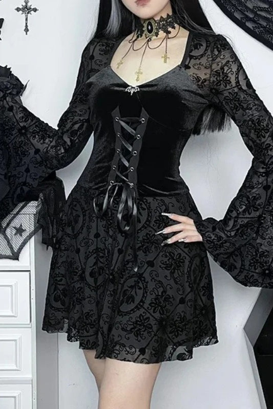 Dark Velvet Gothic Flare Sleeve Bandage Vintage Mini Dress Main image