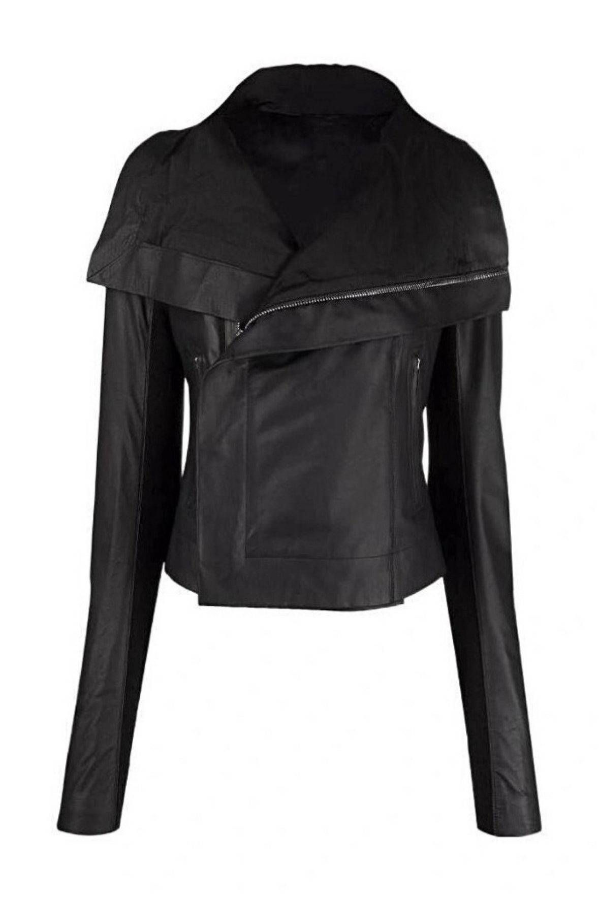 Deconstructed Lapel Waist-fit Short Leather Biker Jacket