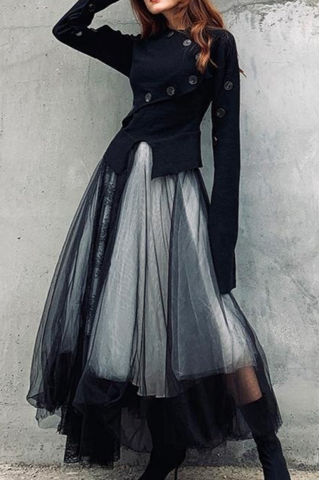 Spring Gothic Punk Lace Mesh Patchwork Flared Midi Skirt Main image