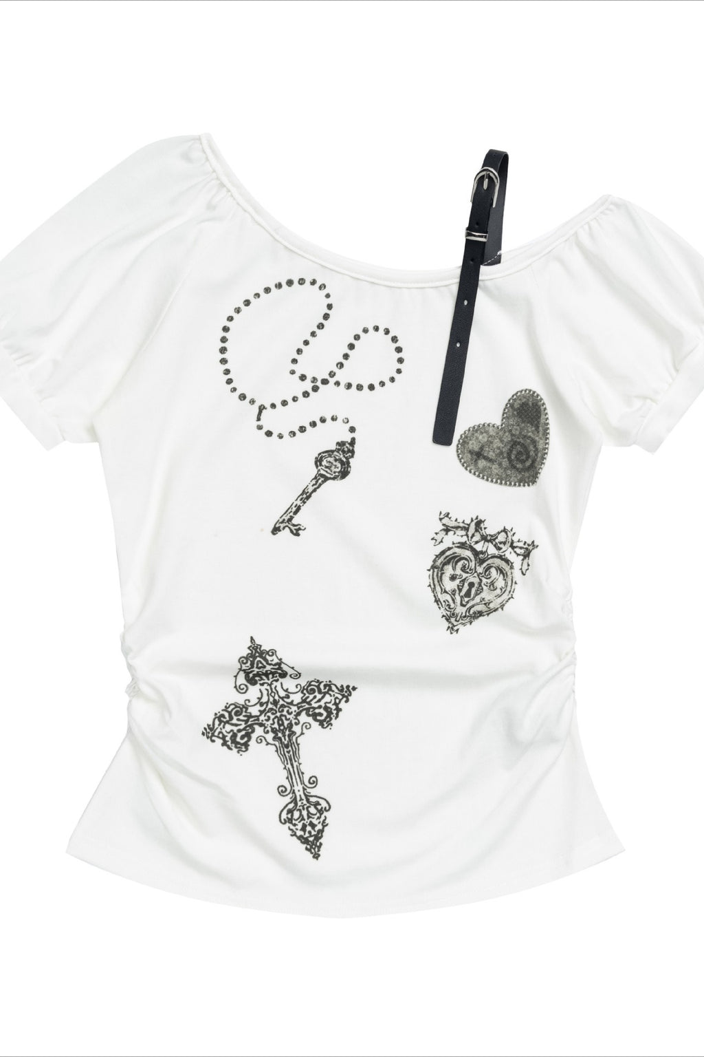 Leather Buckle Ruched Cropped Off Shoulder T-shirt