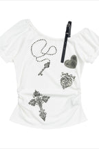 Leather Buckle Ruched Cropped Off Shoulder T-shirt
