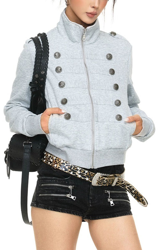 Military Button Trim Zip Jackets