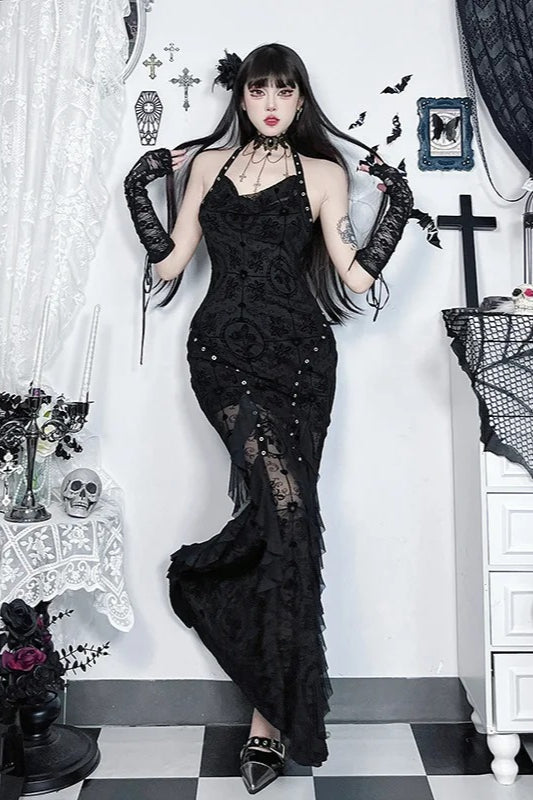 Goth Dark Flocking Print Halter Bandage Maxi Dress Secondary image
