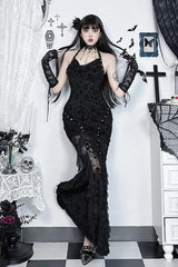 Goth Dark Flocking Print Halter Bandage Maxi Dress