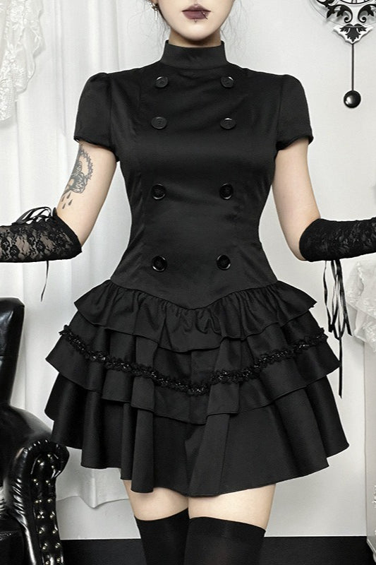Black Gothic Button Front Layered Mini Dress Secondary image