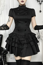 Black Gothic Button Front Layered Mini Dress