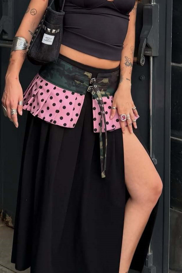Contrast Polka Dot Pleated Belt Mini Skirt