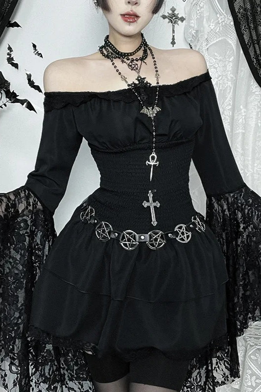 Dark Gothic One Shoulder Shaping Waist Patchwork Slim Mini Dress Main image