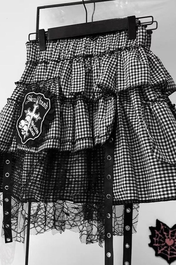 Black and White Plaid Lace Tiered Mini Skirt