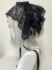 Gothic Lolita Maid Black Lace Bow Veil Hat