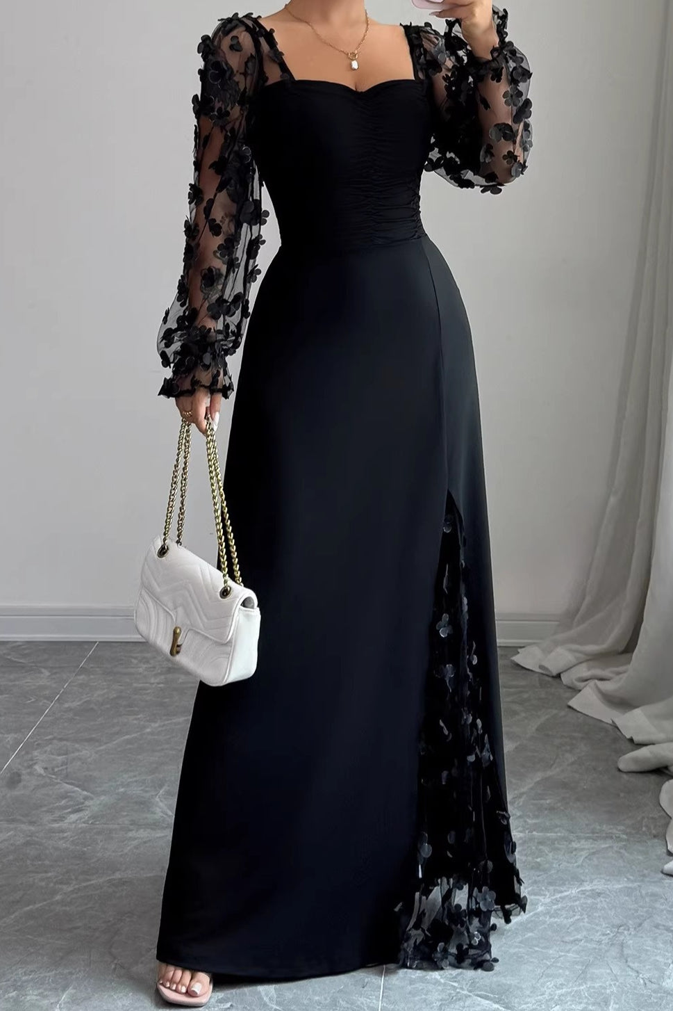 Floral Mesh Sleeve Panel Maxi Dress