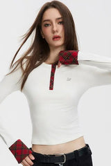 Vintage Patchwork Slim Fit Crop Long Sleeve Knit Top