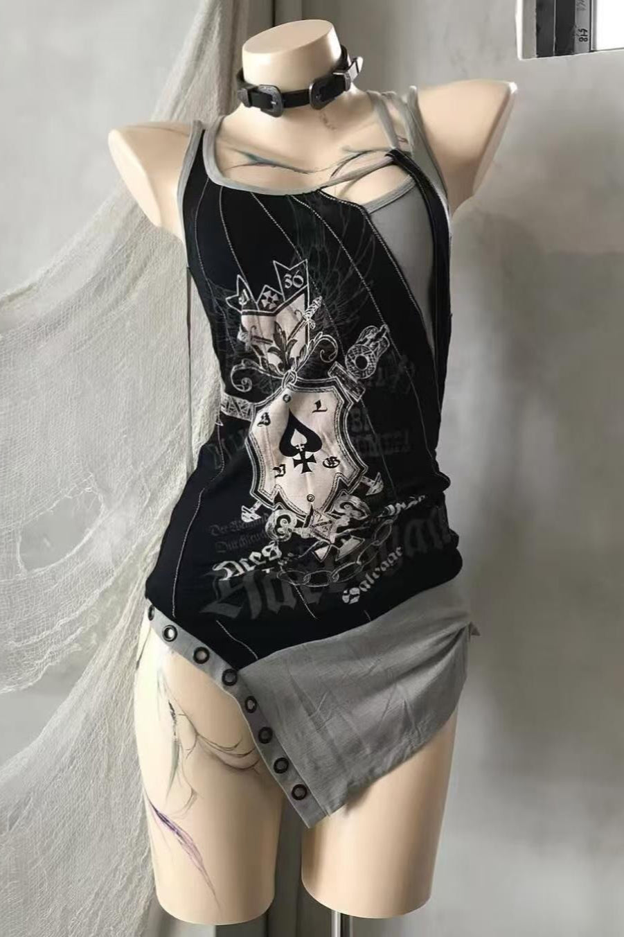 Black Gray Spade Graphic Asymmetric Mini Dress Main image