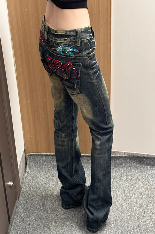 Embroidered Washed Denim Pants