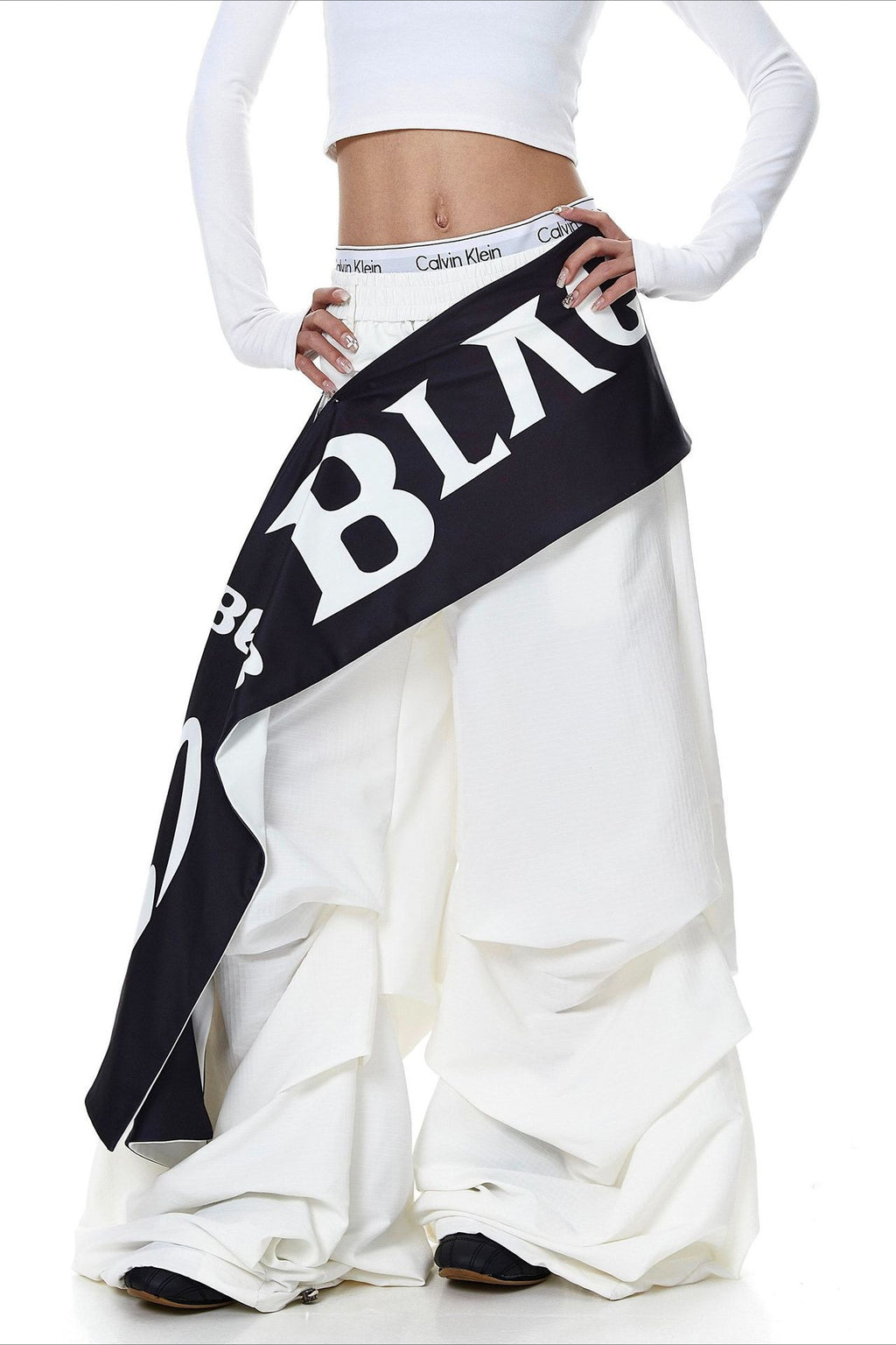 Layered Letter Print Parachute Pants