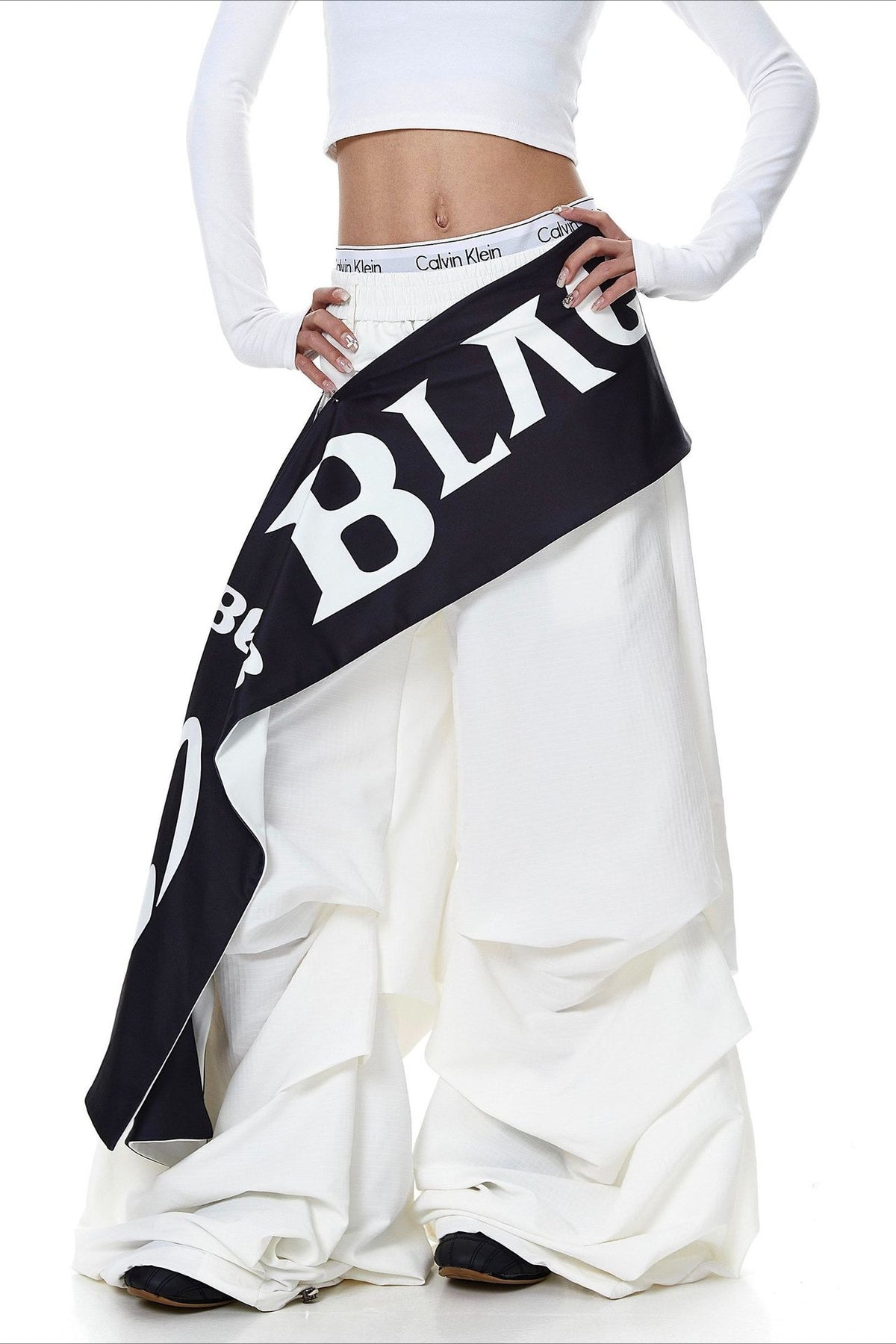 Layered Letter Print Parachute Pants