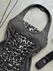 Vintage Dark Gray Leopard Patchwork Ripped Tank Top
